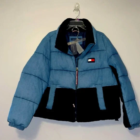 New Tommy Hilfiger Tommy Jeans Denim Sherpa Puffer Jacket - Picture 1 of 12